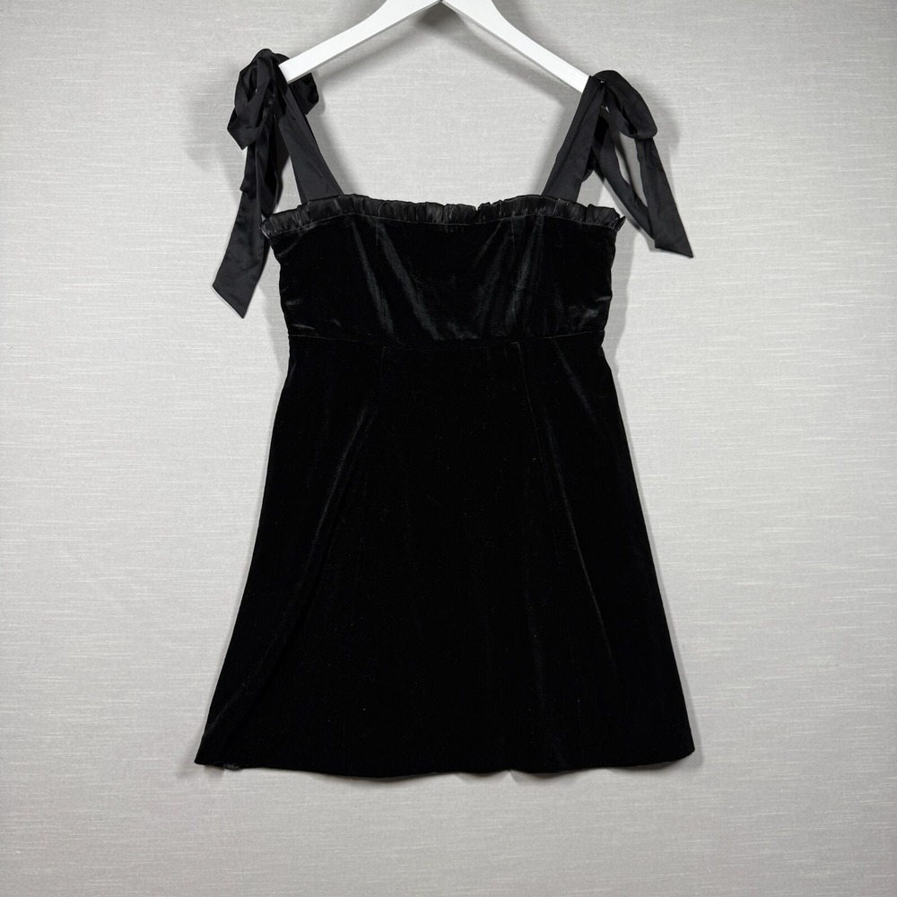 Danielle Bernstein Dress Womens Medium Black Bow Sleeve Velvet Adjustable Mini